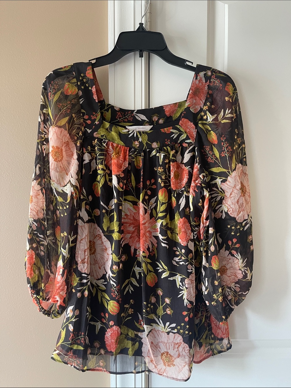 LC Lauren Conrad Black Sheer Floral Square-Neck Blouse